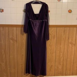 Purple satiny sleeveless dress with scarf